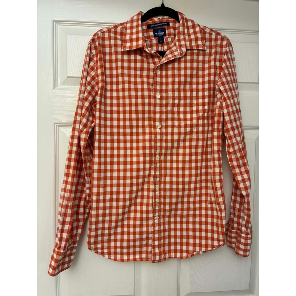 Old Navy Mens Medium Slim Fit Gingham Button Down Shirt Orange White Casual